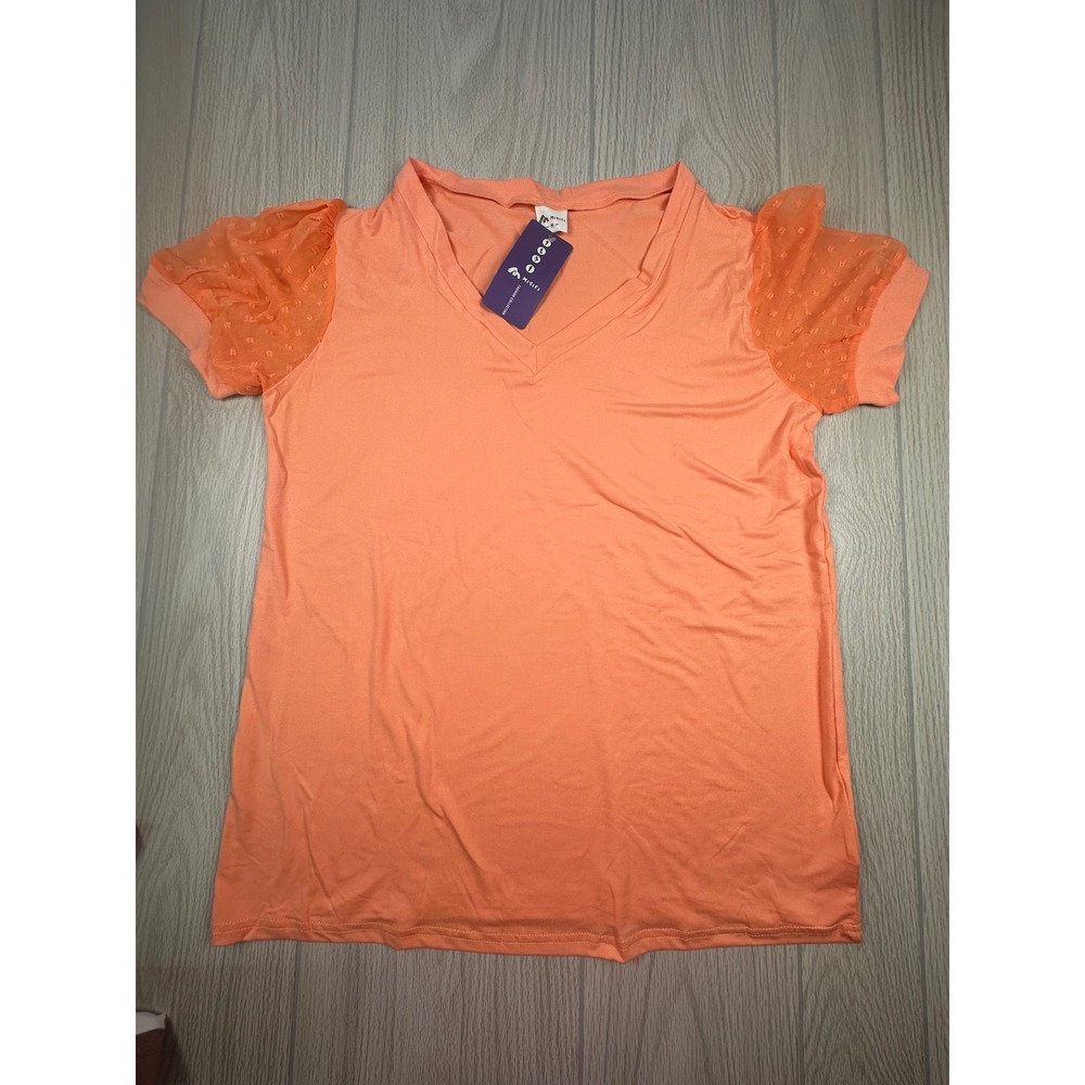 MISIFI Women's Peach V Neck T-Shirt Dotted‎ Mesh Cap Sleeve Top M